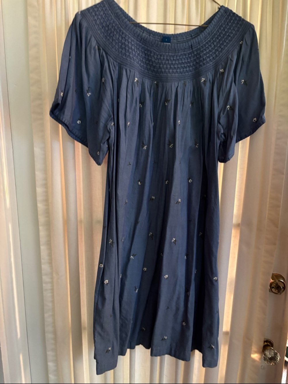 Old Navy smocked neckline embroidered chambray  blue  knee length dress